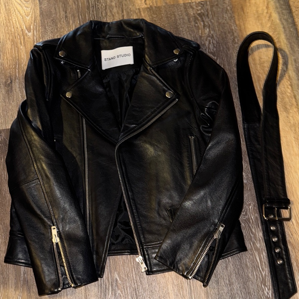 NEVER WORN!!! Stand Studio Black Biker Jacket with Belt (real leather)